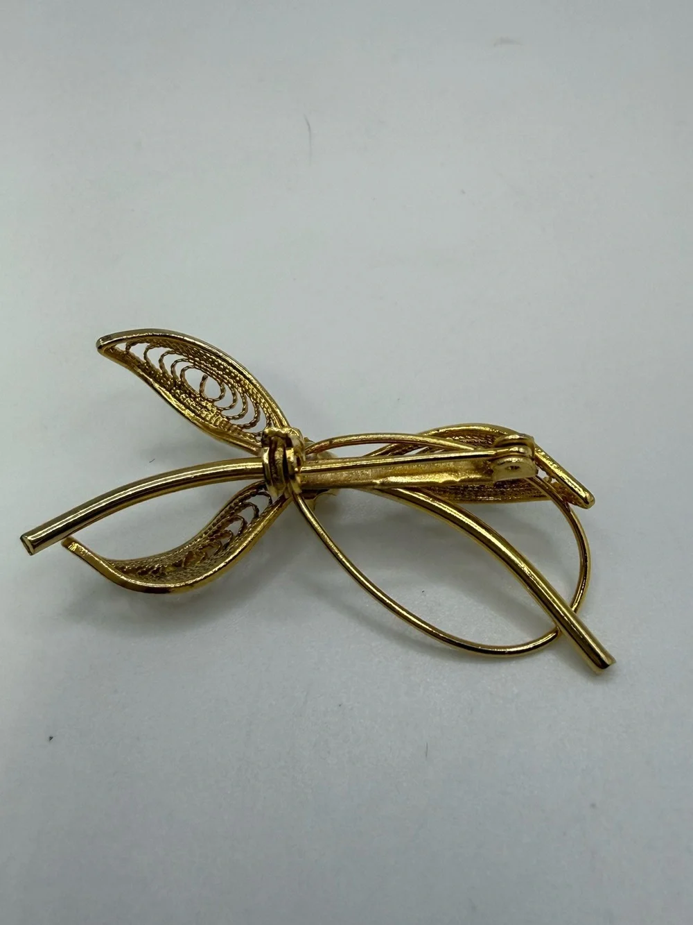 Vintage Gold Tone Filigree Bow Brooch Faux Pearl Pin